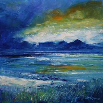 Wet and misty sunrise over Arran from Kintyre 16x16